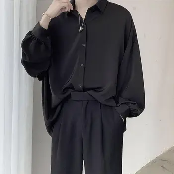 2023 Весна-лето, мужские черные рубашки с длинными рукавами, Мужские Корейские удобные блузки, Мужская повседневная Свободная однобортная рубашка с галстуком