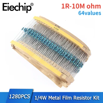 1280шт Комплект металлических пленочных резисторов мощностью 0,25 Вт Сопротивление 1 Ом ~ 10 М Точность 1% 1/4 Вт Набор резисторов 64 значения
