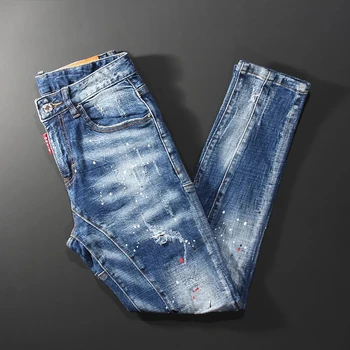 Уличная мода Мужские джинсы Ретро Выстиранные синие Эластичные Облегающие рваные джинсы Мужские Сращенные Окрашенные дизайнерские джинсовые брюки в стиле хип-хоп Hombre