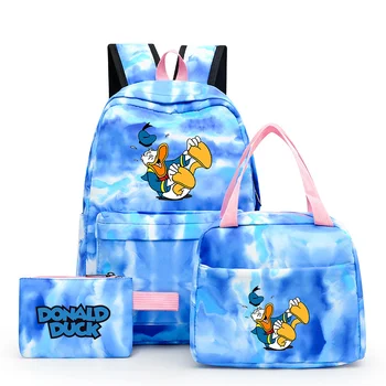 3шт. Красочный рюкзак с изображением Дональда Дака из мультфильма Диснея с сумкой для ланча, повседневные школьные сумки для мальчиков и девочек, студенческие наборы