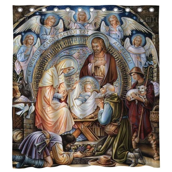 Рождественская занавеска для душа с изображением Рождества Пресвятой Девы Марии с Младенцем Иисусом и Мудрым Святым Семейством с католическим принтом
