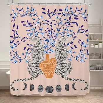 Занавеска для душа с гепардом в стиле Бохо, занавеска для ванны с тропическим леопардом, современная розовая эстетичная занавеска для ванной в синюю фазу Луны с цветочным рисунком