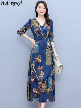 Женское атласное платье миди с V-образным вырезом и принтом 2023, Корейское повседневное шикарное платье макси для выпускного вечера, весна-осень, элегантное роскошное вечернее платье