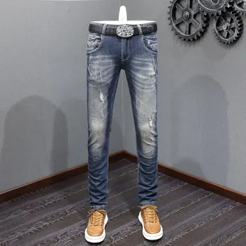 Модные винтажные мужские джинсы, высококачественные рваные джинсы в стиле ретро, черные, синие, стрейчевые, облегающие, мужские дизайнерские джинсовые брюки в стиле хип-хоп