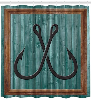 Морская занавеска для душа, Рыболовные приманки, Якорь, символ современной абстрактной живописи, Деревянная рамка, Художественный декор в деревенском винтажном стиле