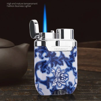 Металлическая ветрозащитная надувная зажигалка с прямым синим пламенем, уличная зажигалка с регулируемым размером пламени, сине-белый фарфор