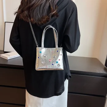 Однотонные женские сумки с верхней ручкой на молнии, женские сумки в продаже 2023, модные сумки с цветными бриллиантами, сумка-мессенджер на цепочке, бесплатная доставка