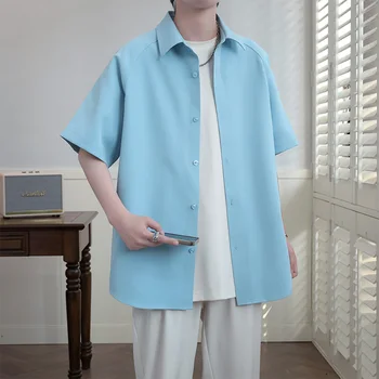 Летняя мужская рубашка, однотонная дышащая рубашка с короткими рукавами, Хлопковый топ свободного кроя оверсайз, уличный крутой повседневный стиль, мужской топ
