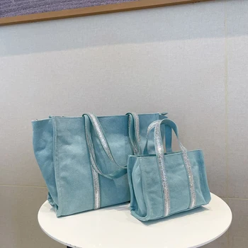 2023, Новые японские повседневные сумки со стразами, холщовые сумки большой емкости для женщин, дизайнерская роскошная однотонная сумка через плечо