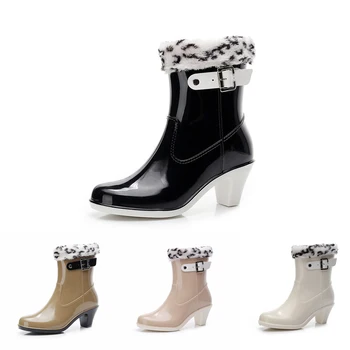 Новые женские сапоги, зимние женские непромокаемые женские резиновые сапоги, нескользящие водонепроницаемые туфли на высоком каблуке с леопардовым принтом, тепло