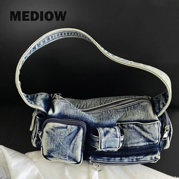 Сумки из джинсовой ткани MEDIOW Moto & Biker для женщин, роскошные дизайнерские сумки-портмоне 2023 года выпуска, новинка с потертым множеством карманов на плече