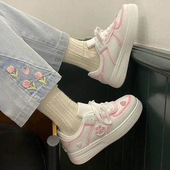 Милые розовые женские кроссовки на платформе с рисунком кошачьей лапы Kawaii, белая дышащая летняя модная обувь, Женская обувь Love Heart