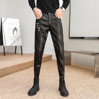 2023 Осенние мужские кожаные брюки премиум-класса с двойной застежкой-молнией Модные кожаные брюки из искусственной кожи Мотоциклетные кожаные брюки