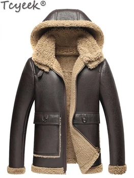 Мотоциклетная куртка Tcyeek с капюшоном, зимние пальто из овечьей шерсти, утепленные Куртки из натуральной овчины, мужская Одежда, Модная мужская шуба из натурального меха