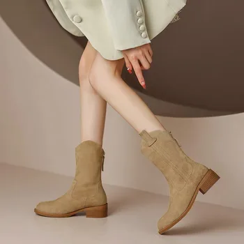 Винтажные женские ковбойские ботильоны с острым носком на низком каблуке в западном стиле, женские ботинки 2024, осенне-зимние ботильоны из искусственной кожи без застежки,