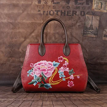 Женская сумка из натуральной кожи с китайской вышивкой, цветочная сумка-тоут из натуральной коровьей кожи, винтажные сумки на плечо из воловьей кожи первого слоя для девочек