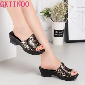 Женские тапочки GKTINOO, сандалии 2023, летняя женская обувь на высоком каблуке, женские тапочки, летние сандалии, повседневная обувь