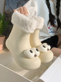 Водонепроницаемые противоскользящие зимние ботинки с милыми большими глазами для женщин 2023, зимние теплые и плюшевые ботинки средней длины