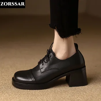 2024 Новые весенние женские туфли-лодочки в винтажном стиле на массивном каблуке Оксфордские туфли на шнуровке Женская мода Элегантная Классика Женские туфли на высоком каблуке