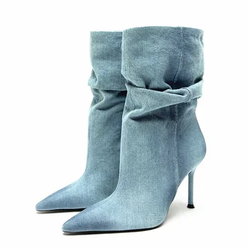 Модный Новый дизайн, синие плиссированные ковбойские сапоги в западном стиле, Женские ботинки на шпильке с острым носком, осень-зима, Botas De Mujer