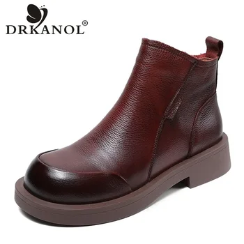 DRKANOL 2023, женские ботильоны из натуральной кожи, ботинки Челси на толстом каблуке, Короткие ботинки с круглым носком и боковой молнией в британском стиле