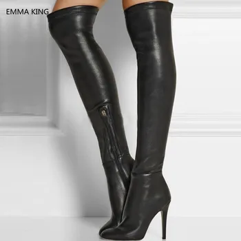 Новые черные Эластичные женские зимние сапоги до бедра, кожаные туфли на высоком каблуке с круглым носком, шпильки, пикантные женские ботфорты выше колена
