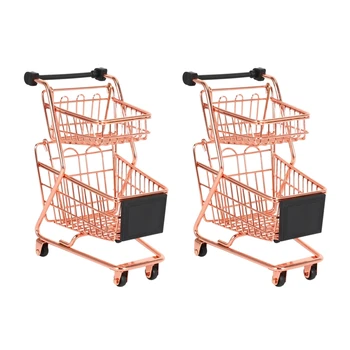 2X Мини двухслойная модель корзины для покупок Тележка для супермаркета из кованого железа Металлическая Корзина для хранения из розового золота Розовое золото