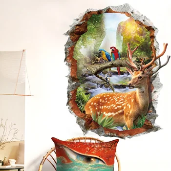 3D наклейки на стены с пятнистым оленем Природный пейзаж Декоративные наклейки для дома Поддельные обои с пейзажем на окне Животные Домашний декор