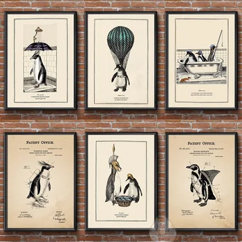 Забавные Старинные Плакаты с Пингвинами и Принты Сюрреалистических Животных Причудливая Патентная Настенная Художественная Картина Холст Картина Комната Домашнего Декора Куадрос