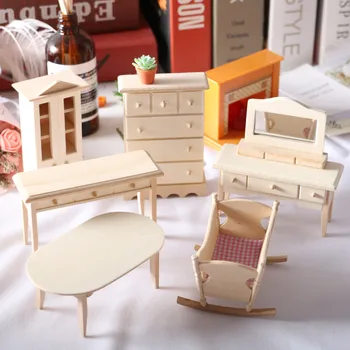 Кукольный домик Мини Мебель из массива дерева Колыбель, кроватка, обеденный стол, шкаф, небольшая скатерть, миниатюры для украшения комнаты, Статуэтки для домашнего декора