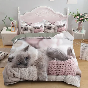 Прекрасный комплект постельного белья для домашних кошек королевского размера из микрофибры с милым котенком, пододеяльник с наволочками, роскошное стеганое одеяло с животными