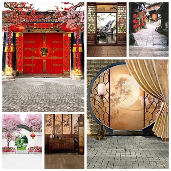 Фон в традиционном китайском стиле, классическое древнее здание, павильон, пейзаж, красный фонарь, фон для фотосъемки, фотостудия