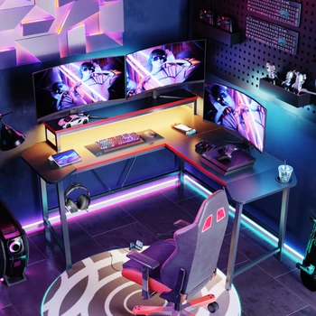 Игровой стол L-образной формы со светодиодной подсветкой, Стол для домашнего офиса, Углеродное волокно, игровой стол, Мебель, Настольный стол