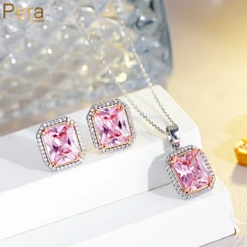 Pera Classic Princess Cut Pink CZ Crystal День Рождения Кулон Ожерелье Серьги Наборы для подруги Модные украшения Подарок J548