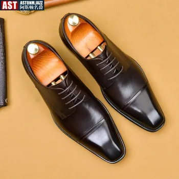 Итальянские мужские модельные туфли на плоской подошве Роскошного бренда из натуральной кожи ручной работы, на шнуровке с квадратным носком, 2023, Деловая обувь для вечеринок и вечеринок