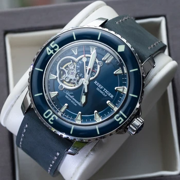 Спортивные часы Reef Tiger / RT для дайвинга Мужские 200-метровые водонепроницаемые часы с синим кожаным ремешком, суперсветящиеся часы RGA3039
