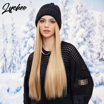 2024 Новая шапка-парик для женщин, Зимняя теплая Мягкая вязаная шапка, Разноцветные шляпы, наращивание волос, Длинные прямые парики из синтетических волос