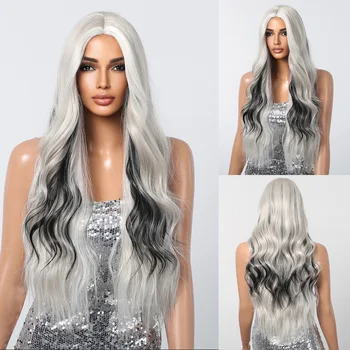 Средняя часть волос платиновой блондинки, синтетические волнистые волосы, светлые волосы, черные длинные парики, высокотемпературный парик для косплея для женщин