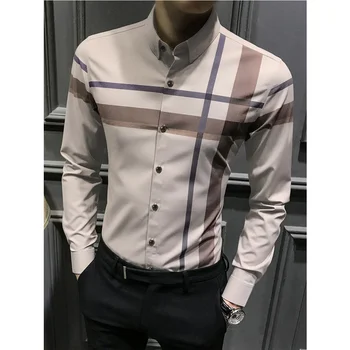2023 Новая мужская высококачественная рубашка в клетку в полоску, дышащая деловая повседневная шелковая рубашка из гладкой кожи, мужская одежда с длинным рукавом