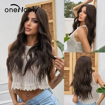 oneNonly Длинный каштановый парик, синтетические парики для женщин, волна, для ежедневных вечеринок, натуральный парик, высокотемпературные волосы