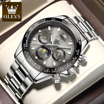 Модные серые механические часы бренда OLEVS для мужчин из нержавеющей стали, водонепроницаемые многофункциональные Роскошные мужские часы с 24-часовой фазой Луны