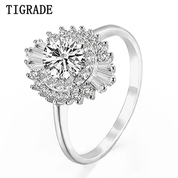 Кольца из стерлингового серебра Tigrade 925 Пробы, блестящий Белый Цирконий, Хрустальный цветок, Свадебное Обручальное кольцо для женщин, модные украшения
