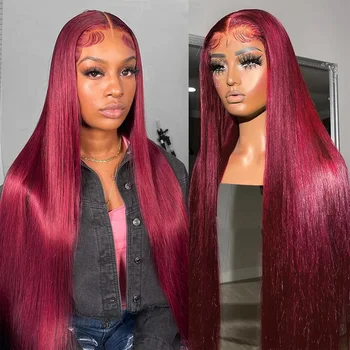 99J Бордовый парик из человеческих волос на кружеве, цветной Бразильский прямой парик из человеческих волос 13x4, прозрачный HD парик из человеческих волос на кружеве для женщин