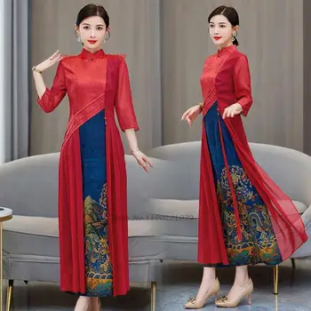 2024 китайское улучшенное платье ципао с воротником-стойкой, винтажное платье с цветочным принтом чонсам, вечернее платье для вечеринки, танцевальное платье ципао