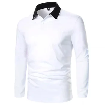 Новая мужская Весенне-осенняя Однотонная футболка с длинными рукавами и отворотом, Тонкая Рубашка Поло Европейского размера с длинными рукавами