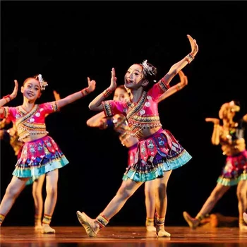 Детское танцевальное платье в стиле маленького Лотоса, женское сценическое платье, костюмы этнических меньшинств Ли и Мяо, сценический костюм