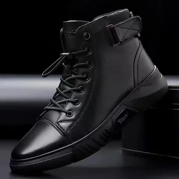 Мужские ботинки 2024 Модные высококачественные кожаные ботильоны с высоким берцем Мотоциклетные ботинки на платформе Водонепроницаемая теплая мужская обувь