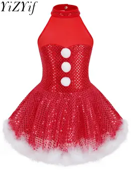 Детский Рождественский костюм Снеговика для девочек, танцевальная одежда для косплея, без рукавов, блестящее платье с пайетками для фигурного катания на роликах, Кружащееся платье