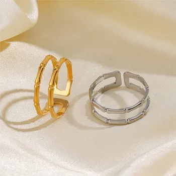 ANENJERY Двухслойное бамбуковое кольцо из нержавеющей стали 316L для женщин, Индивидуальное популярное кольцо в стиле хип-хоп, ювелирный подарок для вечеринки