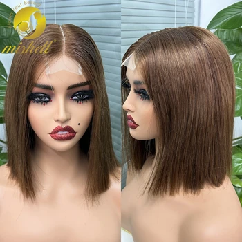 Шоколадно-коричневый прямой парик-боб из натуральных человеческих волос, парики 2x6, кружевной короткий прямой цветной парик для женщин, Бразильский парик из натуральных волос